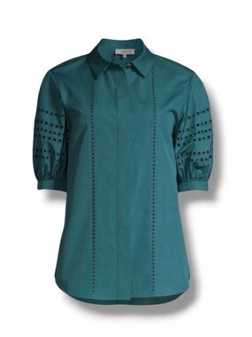 LAFAYETTE 148 NEW YORK Cowan Shirt Puff Sleeve Eyelet Detail Deep Lagoon